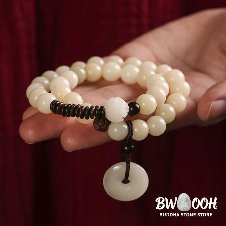 Buddha Stones Bodhi Seed Green Sandalwood Lotus Peace Buckle Harmony Double Wrap Bracelet - BWOOOH - Bracelet