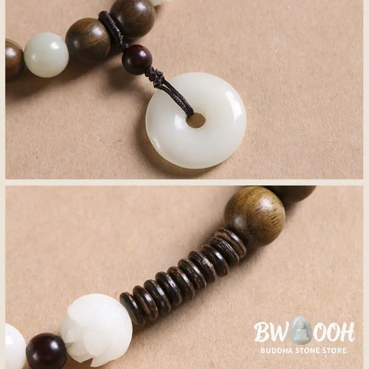 Buddha Stones Bodhi Seed Green Sandalwood Lotus Peace Buckle Harmony Double Wrap Bracelet - BWOOOH - Bracelet