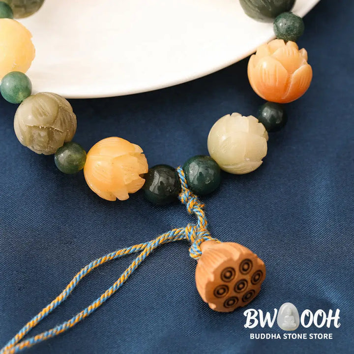 Buddha Stones Bodhi Seed Lotus Bead Engraved Moss Agate Peace Calm Bracelet - BWOOOH - Bodhi Seed&amp;Moss Agate(Wrist