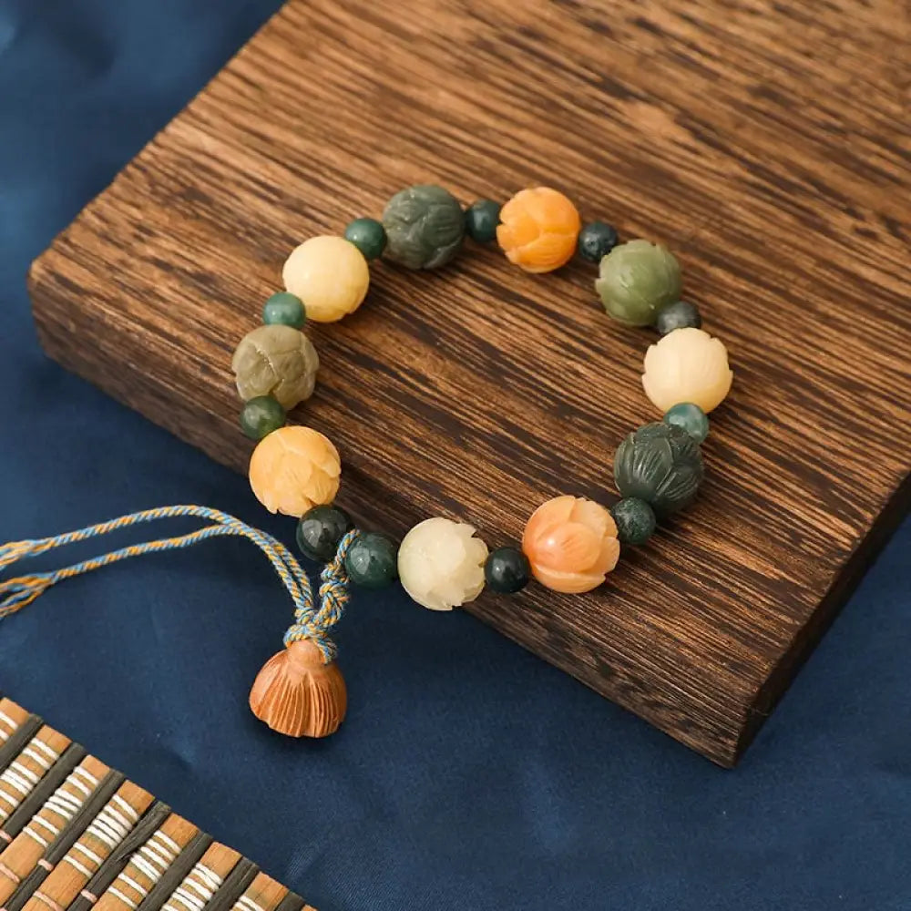 BWOOOH Bodhi Seed Lotus Bead Engraved Moss Agate Peace Calm Bracelet - BWOOOH - Bodhi Seed&Moss Agate(Wrist