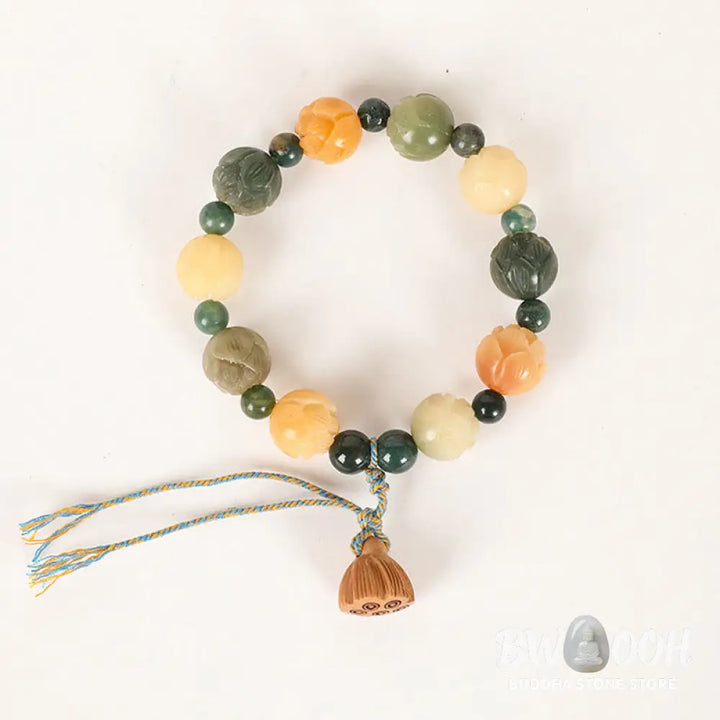 Buddha Stones Bodhi Seed Lotus Bead Engraved Moss Agate Peace Calm Bracelet - BWOOOH - Bodhi Seed&amp;Moss Agate(Wrist