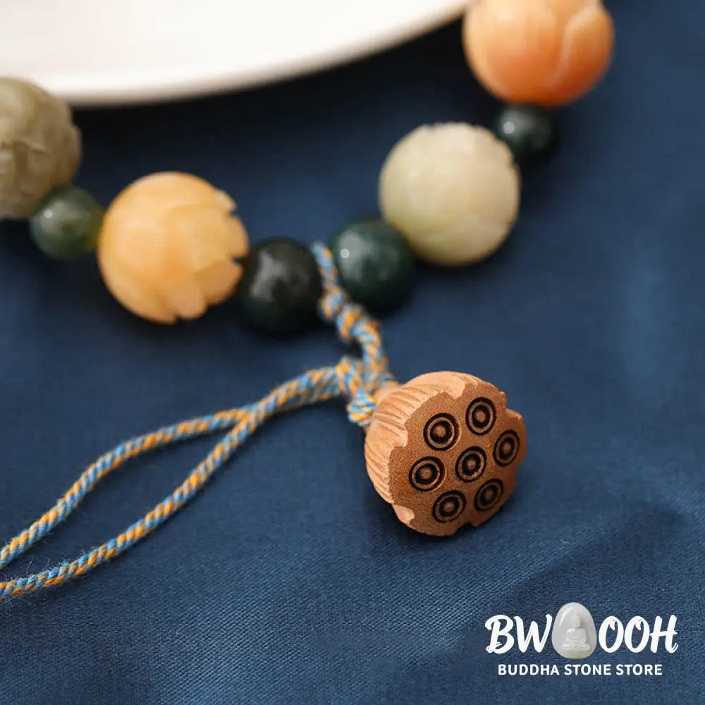 Buddha Stones Bodhi Seed Lotus Bead Engraved Moss Agate Peace Calm Bracelet - BWOOOH - Bodhi Seed&amp;Moss Agate(Wrist