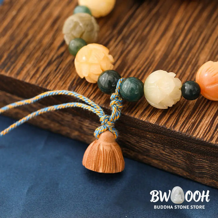 Buddha Stones Bodhi Seed Lotus Bead Engraved Moss Agate Peace Calm Bracelet - BWOOOH - Bodhi Seed&amp;Moss Agate(Wrist