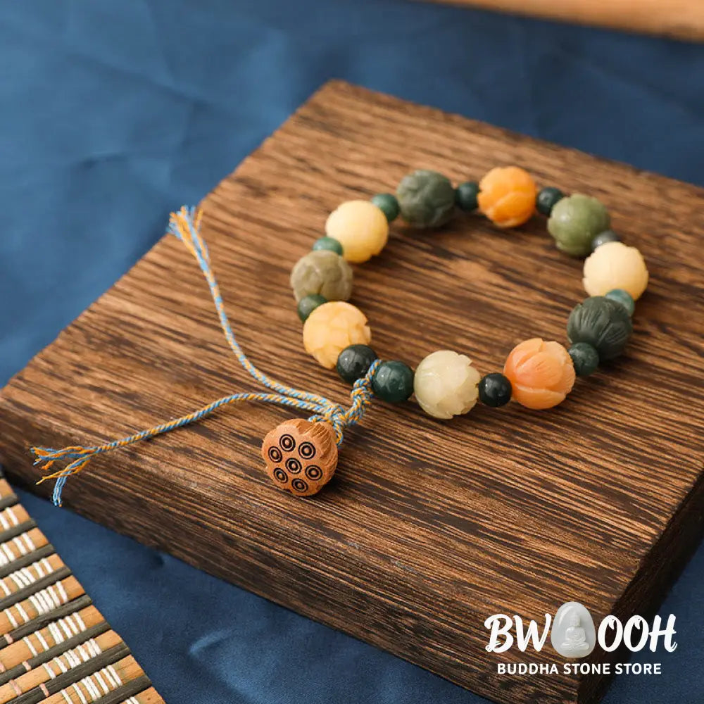 Buddha Stones Bodhi Seed Lotus Bead Engraved Moss Agate Peace Calm Bracelet - BWOOOH - Bodhi Seed&amp;Moss Agate(Wrist