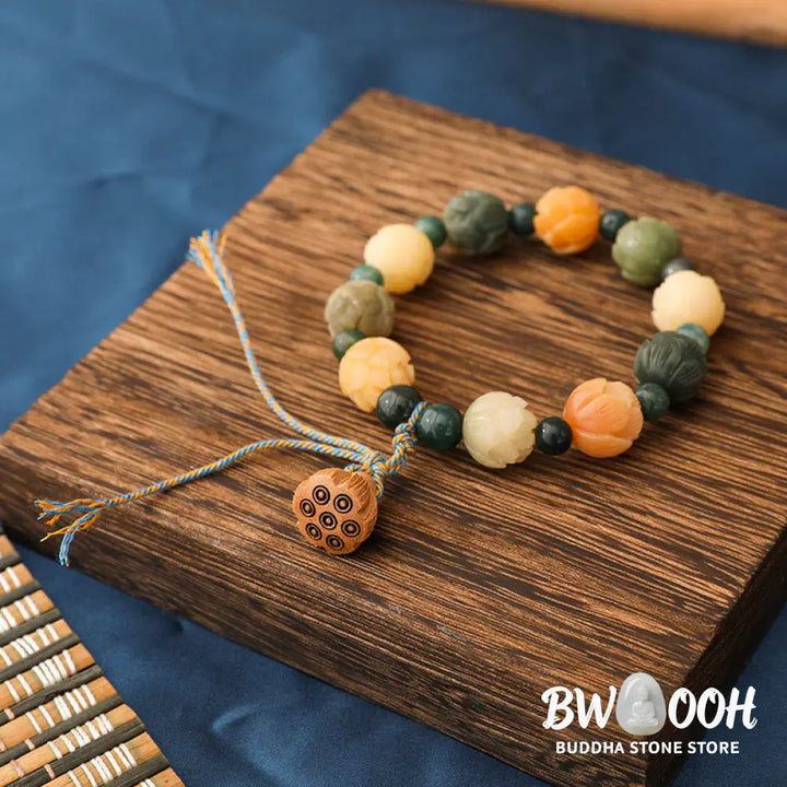 Buddha Stones Bodhi Seed Lotus Bead Engraved Moss Agate Peace Calm Bracelet - BWOOOH - Bodhi Seed&amp;Moss Agate(Wrist