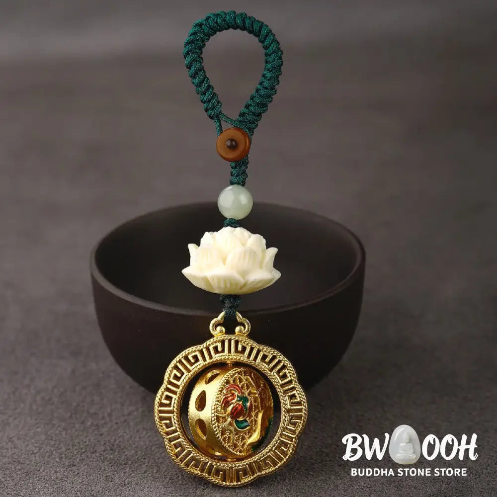 Buddha Stones Bodhi Seed Lotus Hetian Jade Bead Copper Rotatable Peace Key Chain - Key Chain