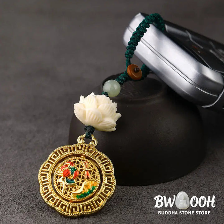 Buddha Stones Bodhi Seed Lotus Hetian Jade Bead Copper Rotatable Peace Key Chain - Key Chain