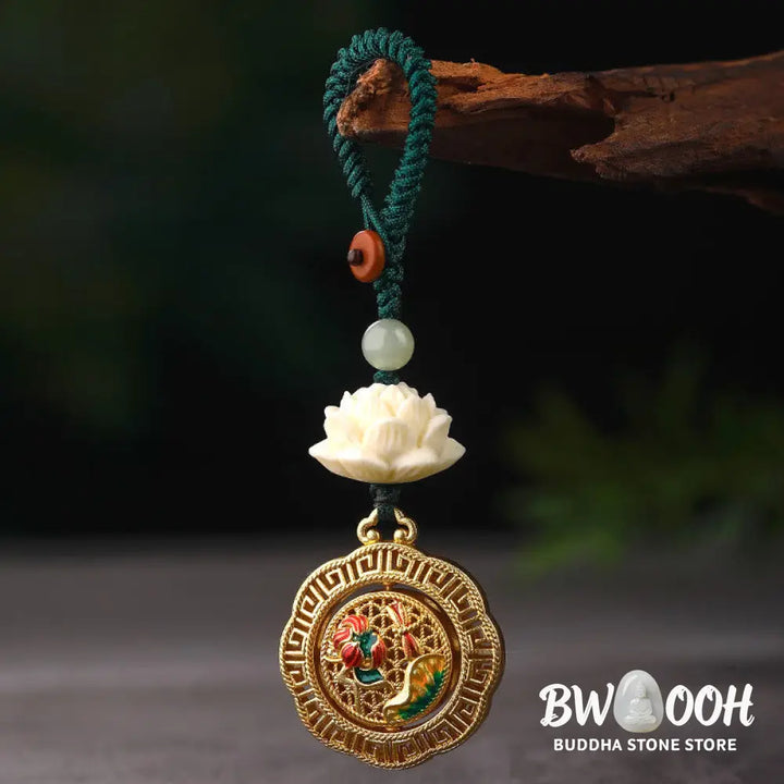 Buddha Stones Bodhi Seed Lotus Hetian Jade Bead Copper Rotatable Peace Key Chain - Key Chain