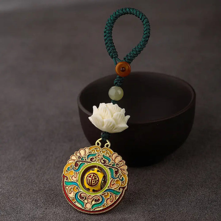Buddha Stones Bodhi Seed Lotus Hetian Jade Bead Copper Rotatable Peace Key Chain - Fu Character Auspicious Cloud