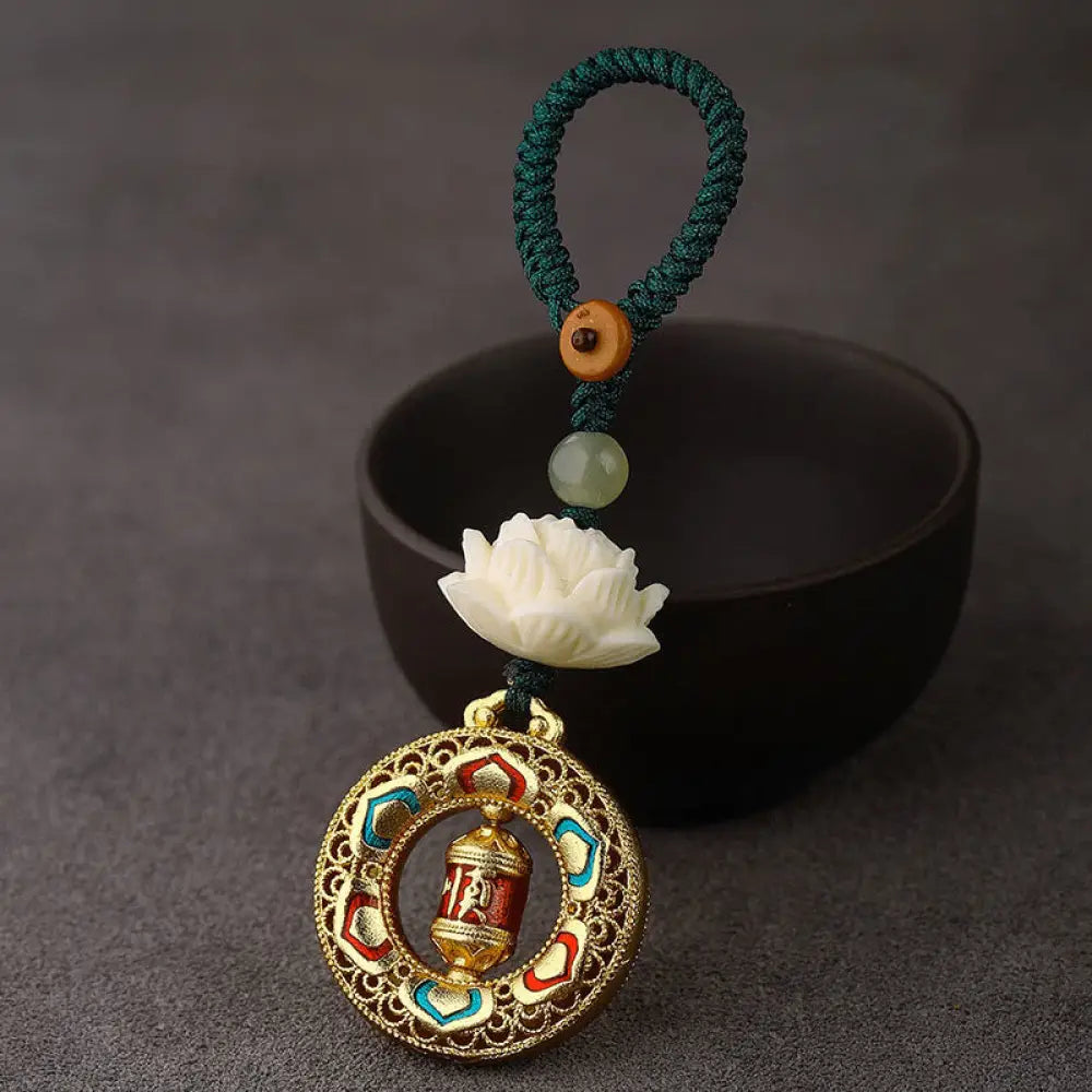 Buddha Stones Bodhi Seed Lotus Hetian Jade Bead Copper Rotatable Peace Key Chain - Prayer Wheel / Green Button Rope