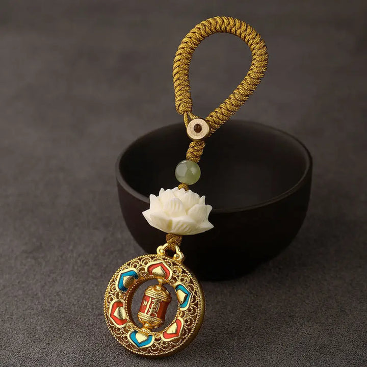 Buddha Stones Bodhi Seed Lotus Hetian Jade Bead Copper Rotatable Peace Key Chain - Prayer Wheel / Yellow Button Rope