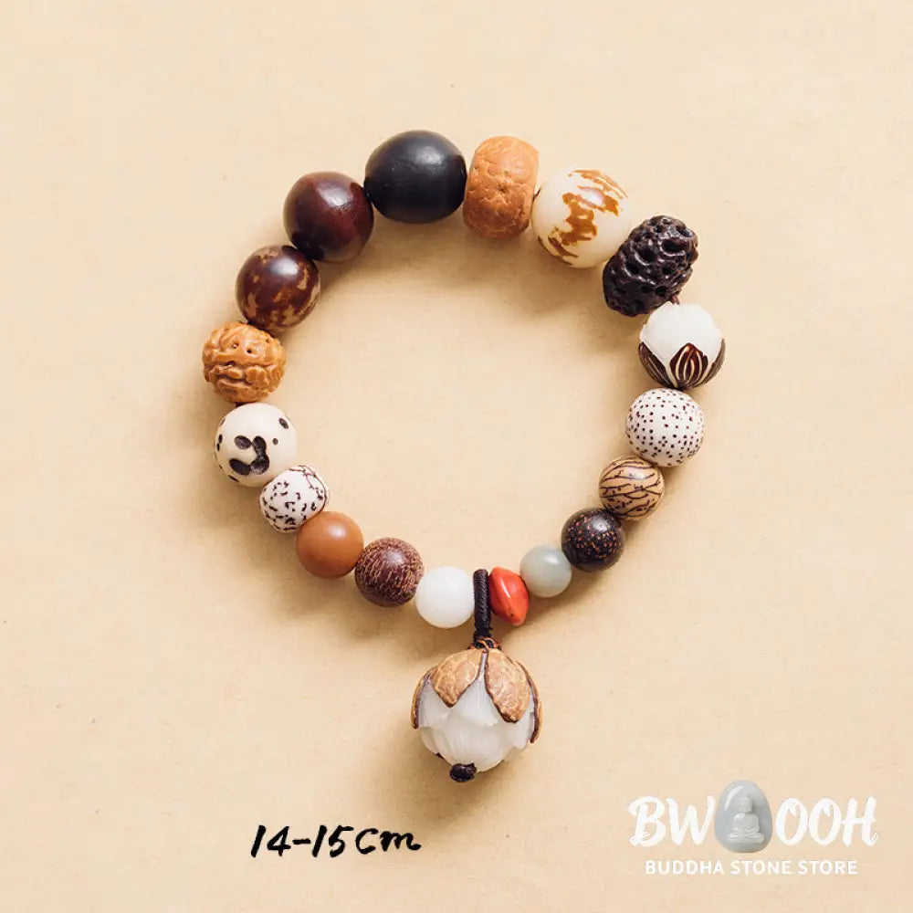 Handcrafted BWOOOH Bodhi Seed Lotus Wisdom Peace Wrist Mala Bracelet, featuring 18 naturally varied bodhi seeds and a delicately engraved lotus symbol, embodying enlightenment, calm, and renewed spiritual focus. - View 6