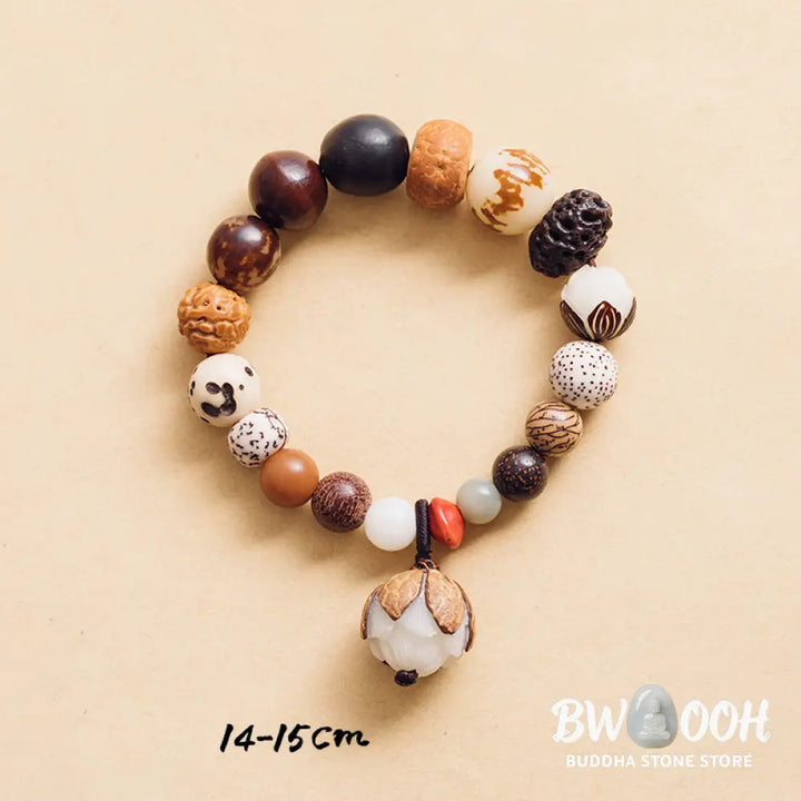 Handcrafted BWOOOH Bodhi Seed Lotus Wisdom Peace Wrist Mala Bracelet, featuring 18 naturally varied bodhi seeds and a delicately engraved lotus symbol, embodying enlightenment, calm, and renewed spiritual focus. - View 6