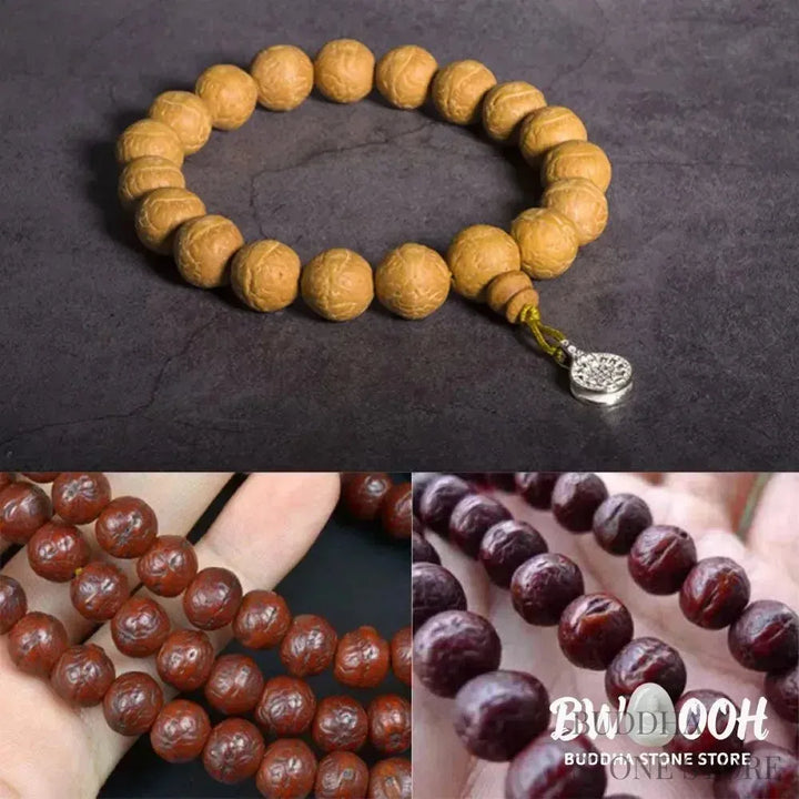 Close-up of BWOOOH Bodhi Seed Wrist Mala featuring dark-speckled 13mm/15mm bodhi seeds on premium elastic string, with a delicate tassel, worn as a meditation accessory or carried as a pocket mala. Unisex. - View 8