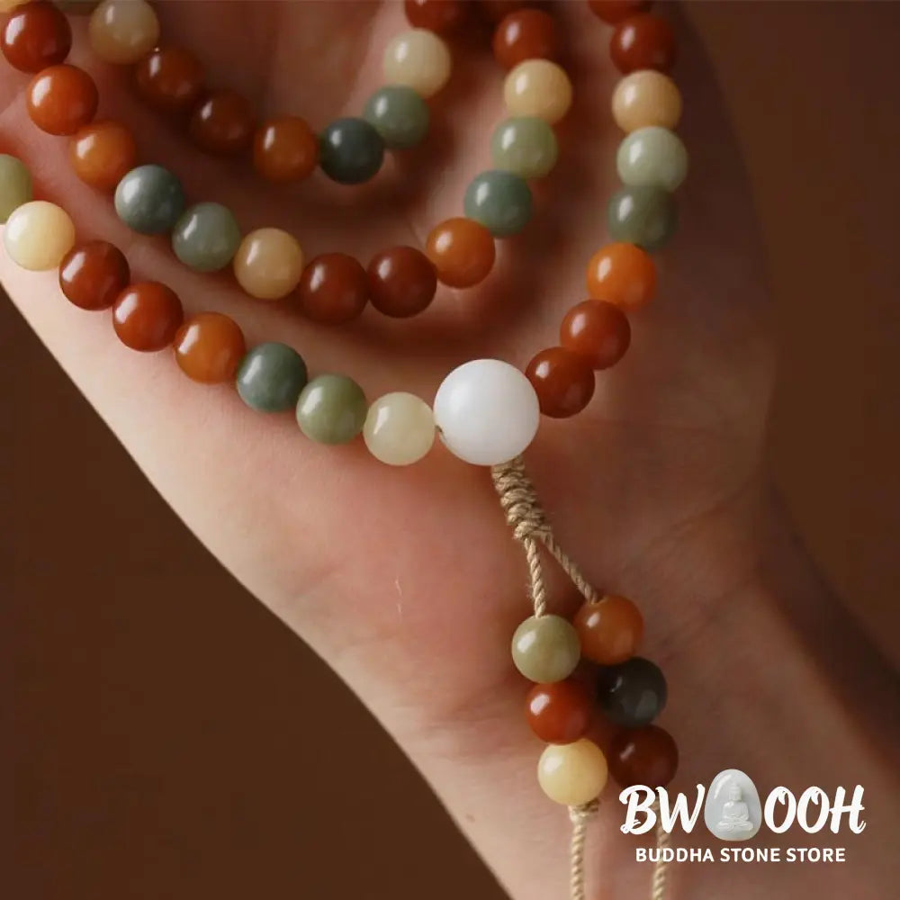 Close-up of BWOOOH Bodhi Seed Mala Harmony Wisdom Bracelet, featuring 8mm dark-speckled bodhi seed beads for meditation and spiritual awakening, handmade and ethically sourced, unisex design. - View 5