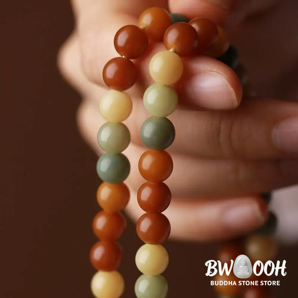 Close-up of BWOOOH Bodhi Seed Mala Harmony Wisdom Bracelet, featuring 8mm dark-speckled bodhi seed beads for meditation and spiritual awakening, handmade and ethically sourced, unisex design. - View 4