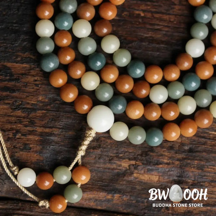 Close-up of BWOOOH Bodhi Seed Mala Harmony Wisdom Bracelet, featuring 8mm dark-speckled bodhi seed beads for meditation and spiritual awakening, handmade and ethically sourced, unisex design. - View 11