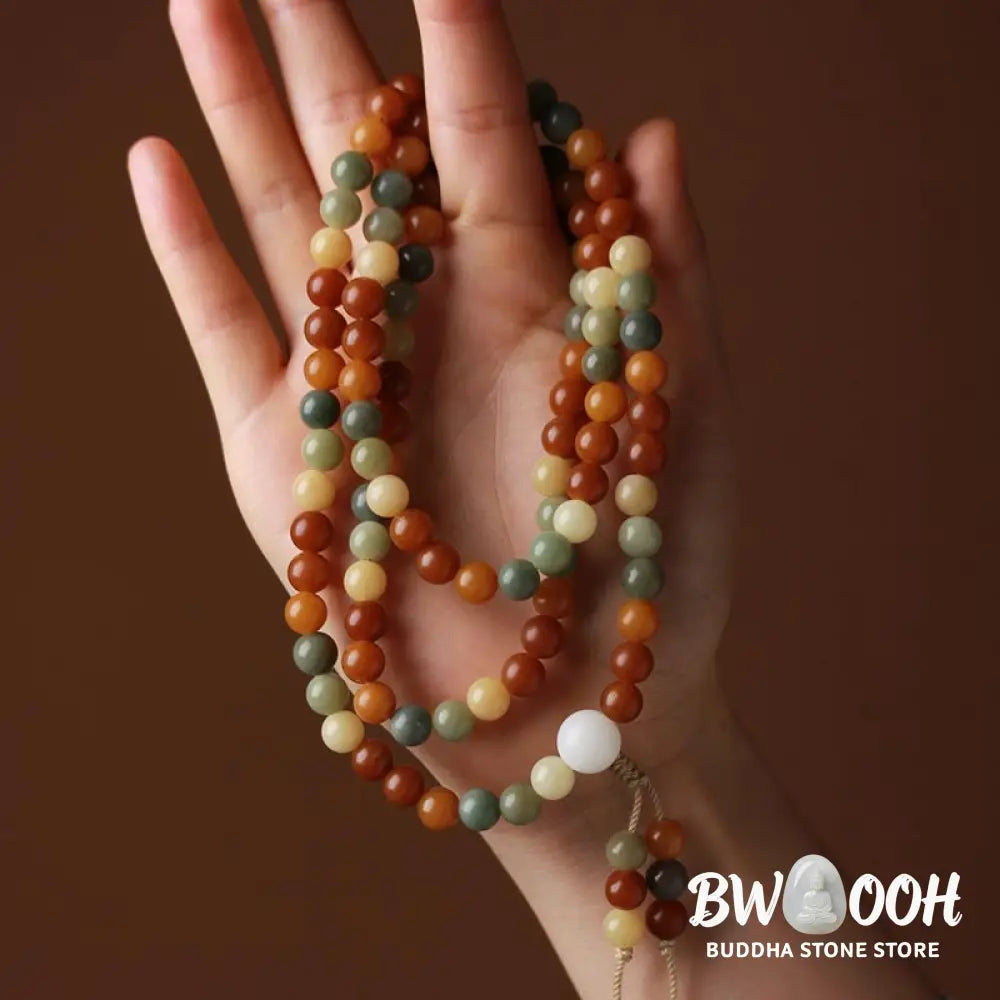 Close-up of BWOOOH Bodhi Seed Mala Harmony Wisdom Bracelet, featuring 8mm dark-speckled bodhi seed beads for meditation and spiritual awakening, handmade and ethically sourced, unisex design. - View 2