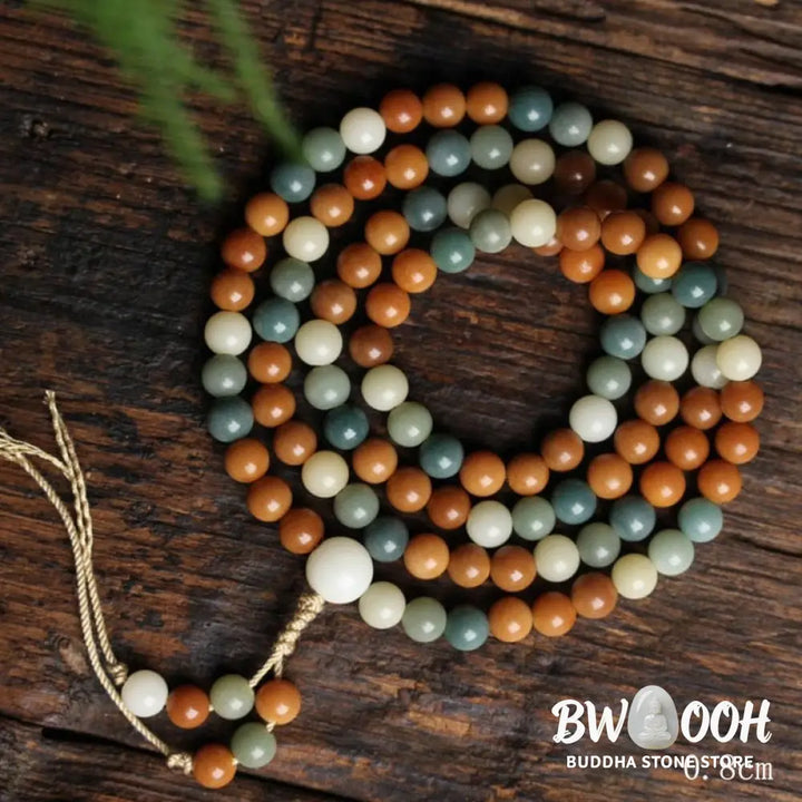 Close-up of BWOOOH Bodhi Seed Mala Harmony Wisdom Bracelet, featuring 8mm dark-speckled bodhi seed beads for meditation and spiritual awakening, handmade and ethically sourced, unisex design. - View 7