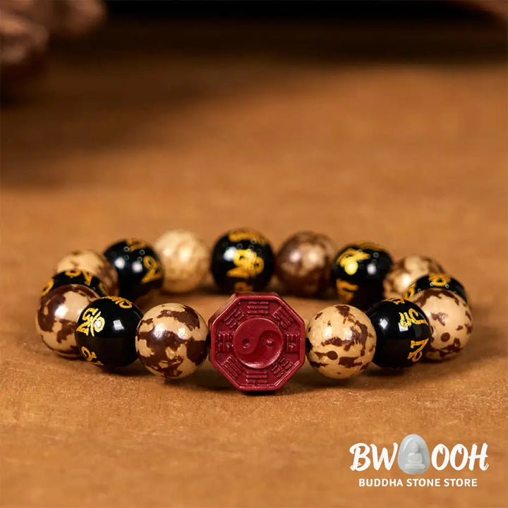 Buddha Stones Bodhi Seed Om Mani Padme Hum Bagua Yin Yang Cinnabar Carved Calm Bracelet - BWOOOH - Bodhi Seed(Wrist