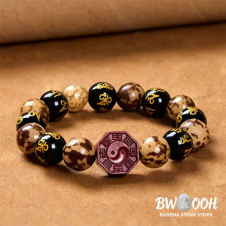 Buddha Stones Bodhi Seed Om Mani Padme Hum Bagua Yin Yang Cinnabar Carved Calm Bracelet - BWOOOH - Bodhi Seed(Wrist