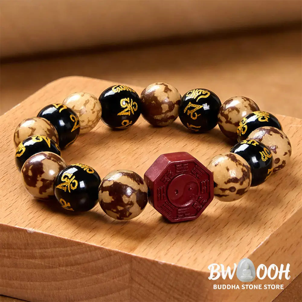 Buddha Stones Bodhi Seed Om Mani Padme Hum Bagua Yin Yang Cinnabar Carved Calm Bracelet - BWOOOH - Bodhi Seed(Wrist