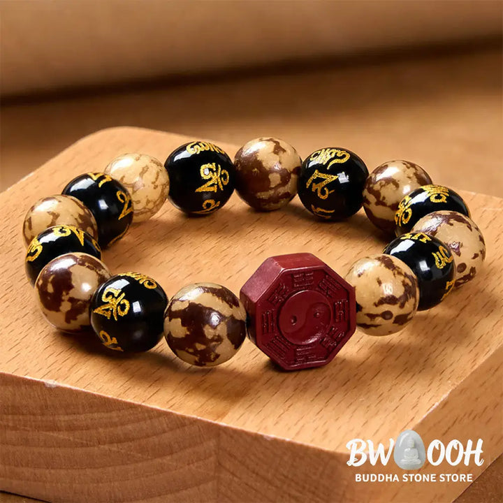 Buddha Stones Bodhi Seed Om Mani Padme Hum Bagua Yin Yang Cinnabar Carved Calm Bracelet - BWOOOH - Bodhi Seed(Wrist
