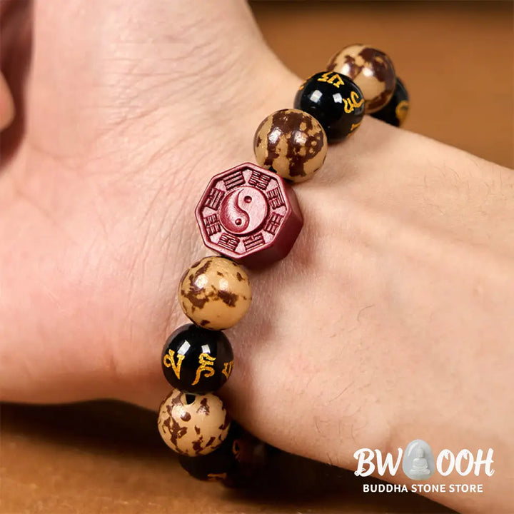 Buddha Stones Bodhi Seed Om Mani Padme Hum Bagua Yin Yang Cinnabar Carved Calm Bracelet - BWOOOH - Bodhi Seed(Wrist