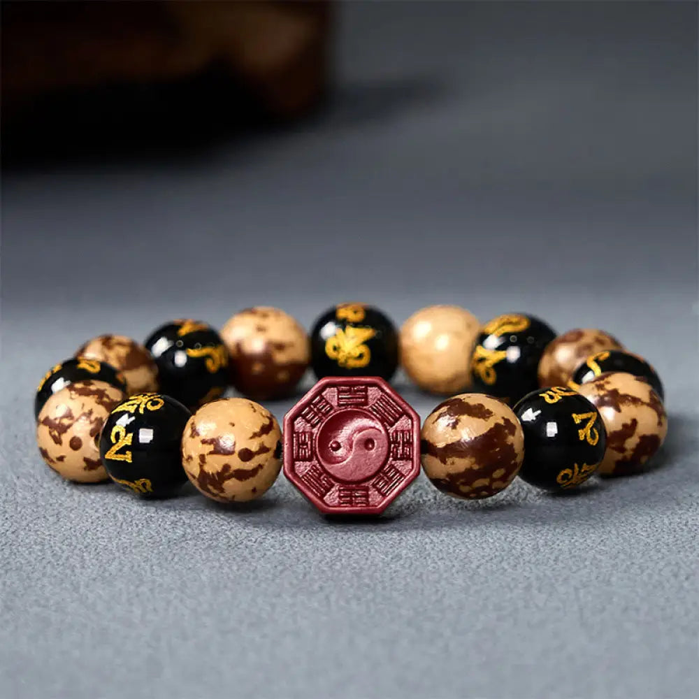 BWOOOH Bodhi Seed Om Mani Padme Hum Bagua Yin Yang Cinnabar Carved Calm Bracelet — Bodhi Seed crystal healing bracelet for...
