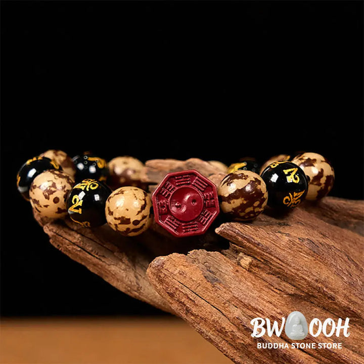 Buddha Stones Bodhi Seed Om Mani Padme Hum Bagua Yin Yang Cinnabar Carved Calm Bracelet - BWOOOH - Bodhi Seed(Wrist