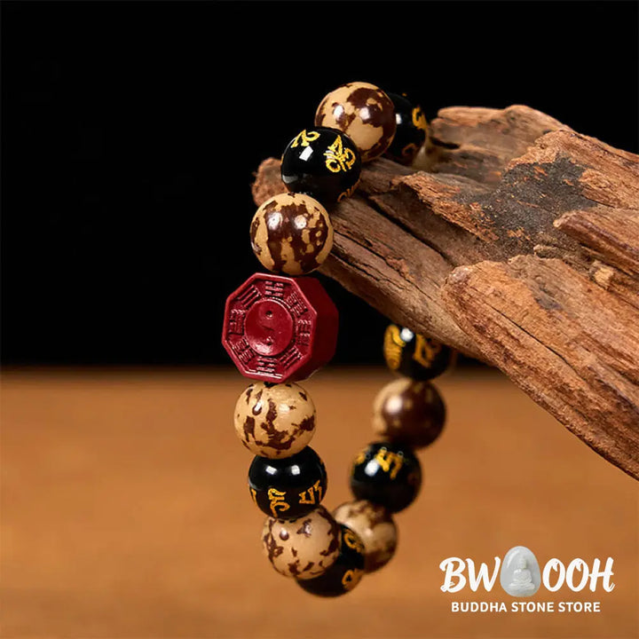 Buddha Stones Bodhi Seed Om Mani Padme Hum Bagua Yin Yang Cinnabar Carved Calm Bracelet - BWOOOH - Bodhi Seed(Wrist