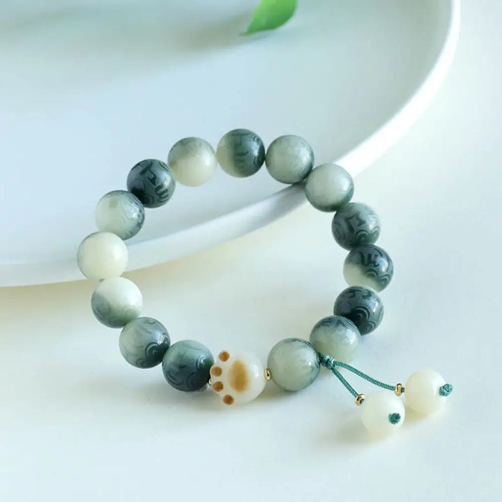 Buddha Stones Bodhi Seed Om Mani Padme Hum Carved Harmony Bracelet - BWOOOH - Green White Bodhi Seed(Wrist