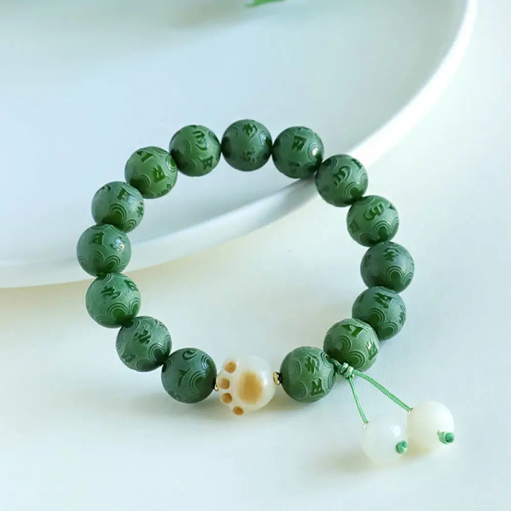 BWOOOH Bodhi Seed Om Mani Padme Hum Carved Harmony Bracelet - BWOOOH - Green Bodhi Seed(Wrist Circumference