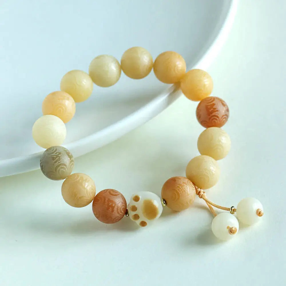 Buddha Stones Bodhi Seed Om Mani Padme Hum Carved Harmony Bracelet - BWOOOH - Yellow Bodhi Seed(Wrist Circumference