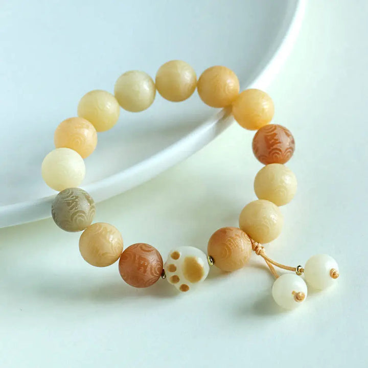 Buddha Stones Bodhi Seed Om Mani Padme Hum Carved Harmony Bracelet - BWOOOH - Yellow Bodhi Seed(Wrist Circumference