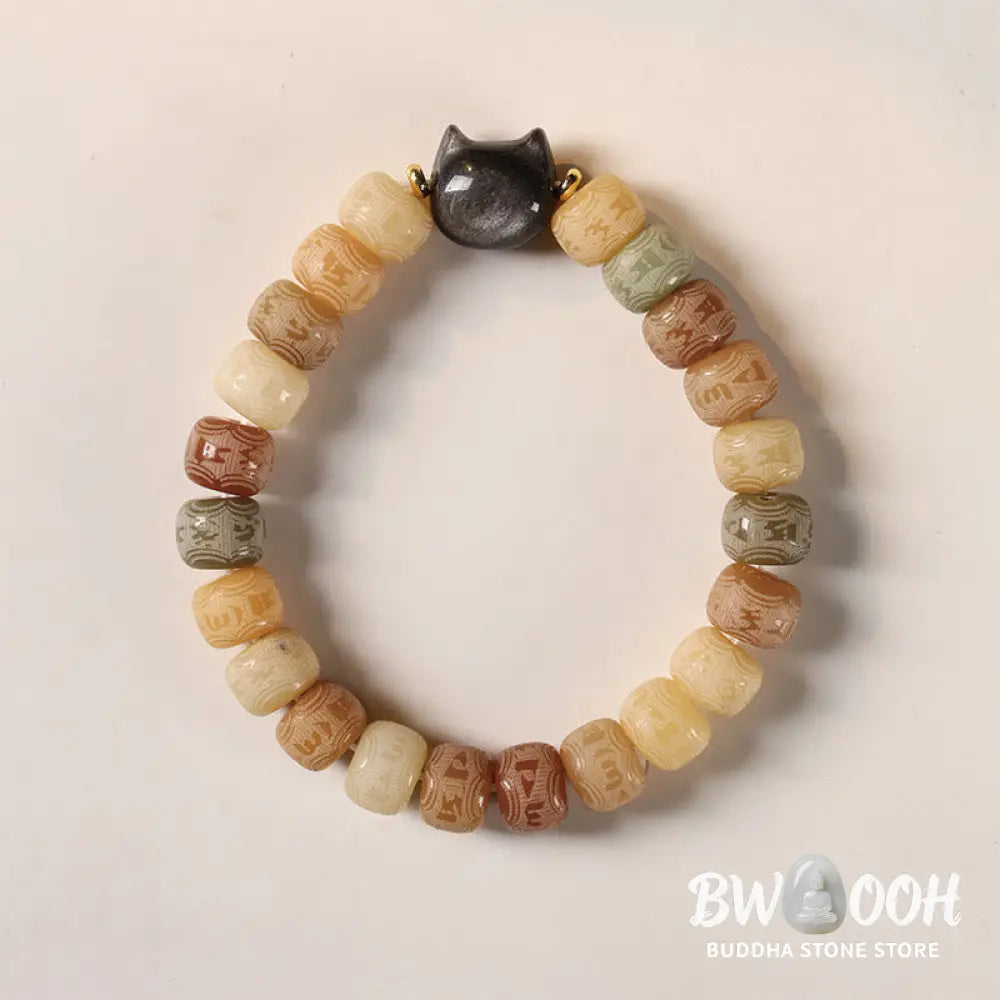 Buddha Stones Bodhi Seed Om Mani Padme Hum Carved Silver Sheen Obsidian Cat Head Wisdom Bracelet - BWOOOH - Bracelet
