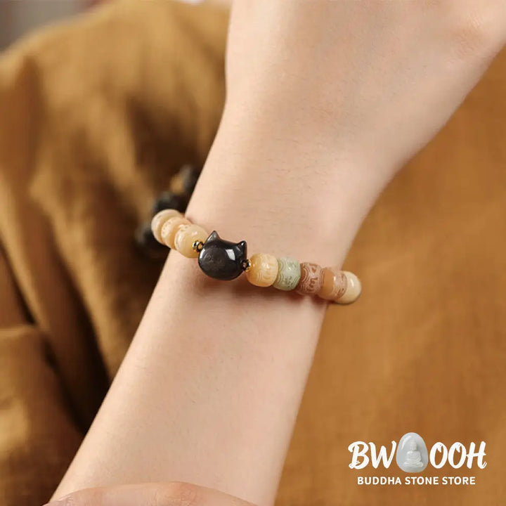Buddha Stones Bodhi Seed Om Mani Padme Hum Carved Silver Sheen Obsidian Cat Head Wisdom Bracelet - BWOOOH - Bracelet