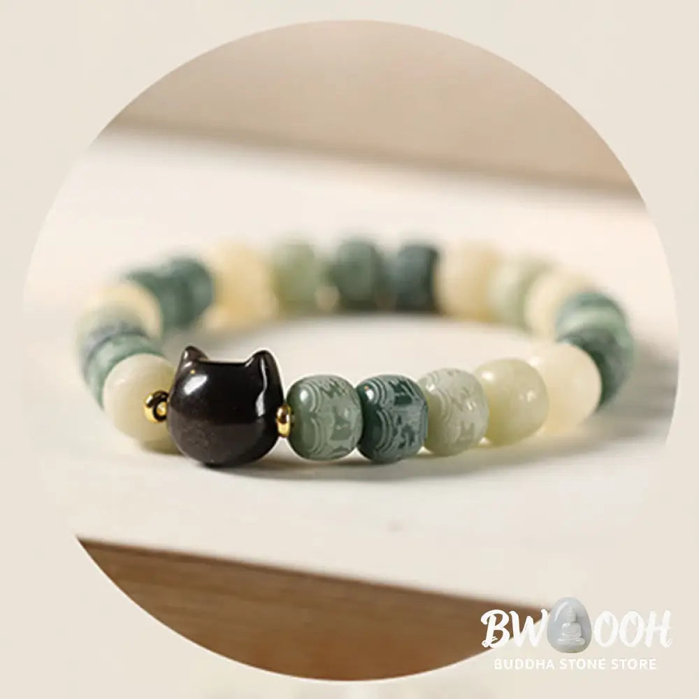 Buddha Stones Bodhi Seed Om Mani Padme Hum Carved Silver Sheen Obsidian Cat Head Wisdom Bracelet - BWOOOH - Bracelet