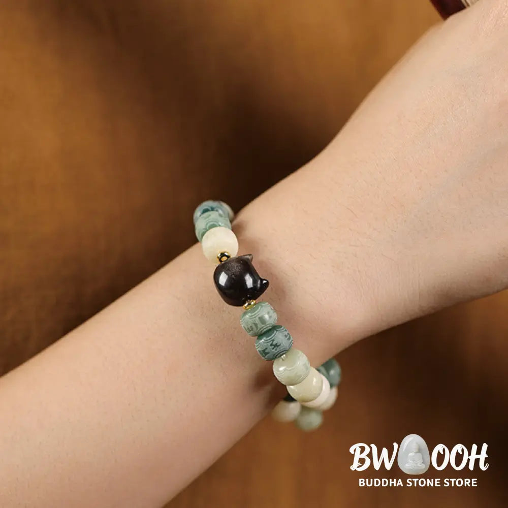 Buddha Stones Bodhi Seed Om Mani Padme Hum Carved Silver Sheen Obsidian Cat Head Wisdom Bracelet - BWOOOH - Bracelet