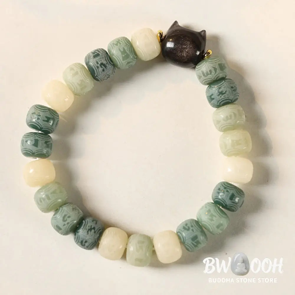 Buddha Stones Bodhi Seed Om Mani Padme Hum Carved Silver Sheen Obsidian Cat Head Wisdom Bracelet - BWOOOH - Bracelet