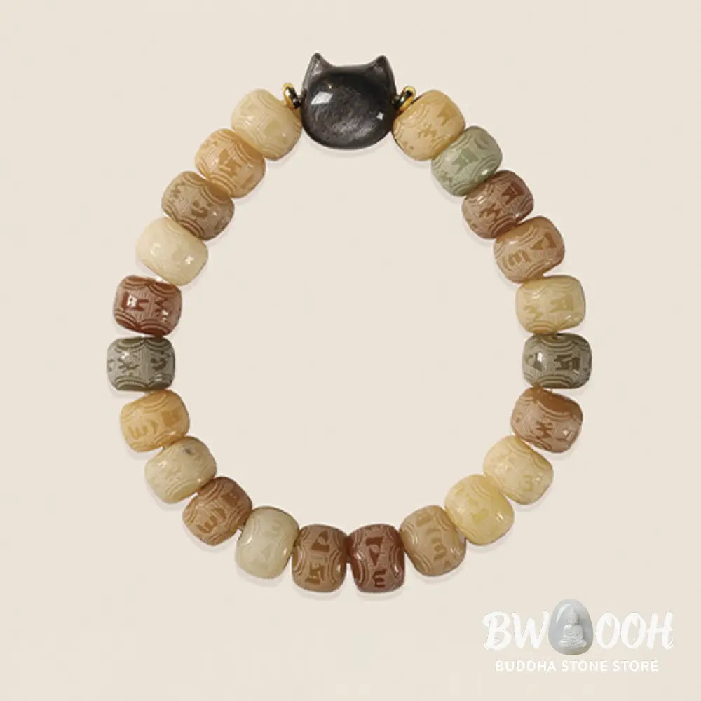 Buddha Stones Bodhi Seed Om Mani Padme Hum Carved Silver Sheen Obsidian Cat Head Wisdom Bracelet - BWOOOH - Bracelet