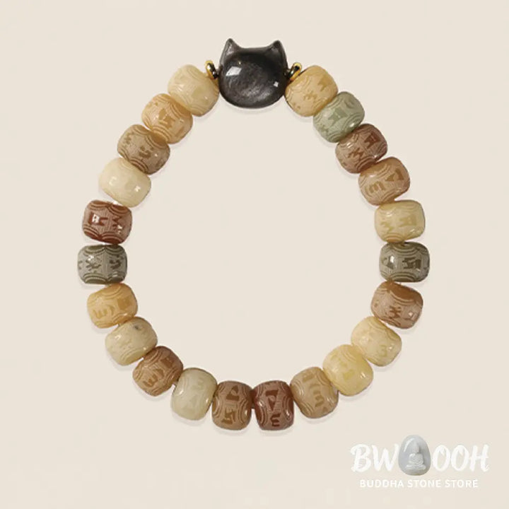 Buddha Stones Bodhi Seed Om Mani Padme Hum Carved Silver Sheen Obsidian Cat Head Wisdom Bracelet - BWOOOH - Bracelet