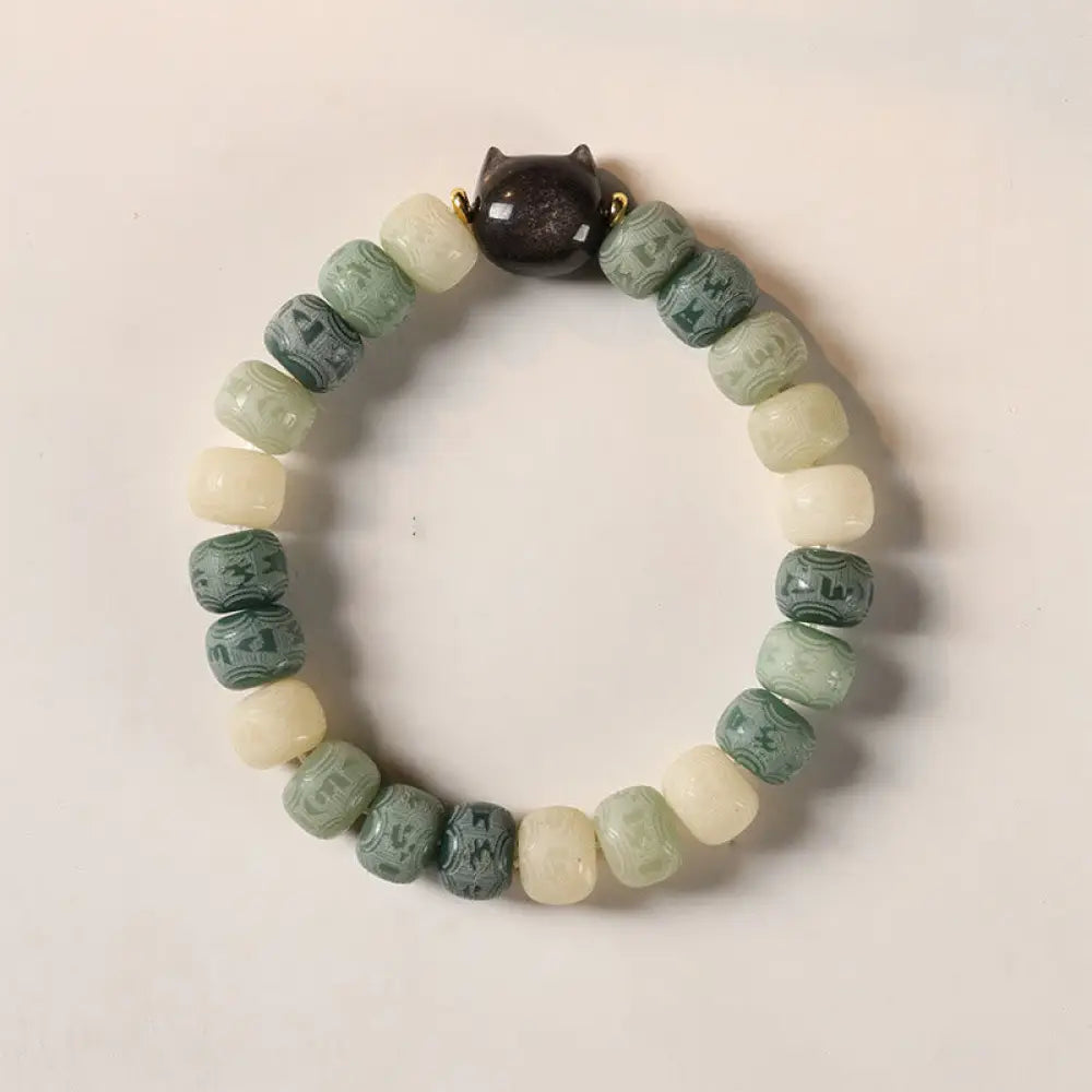 Buddha Stones Bodhi Seed Om Mani Padme Hum Carved Silver Sheen Obsidian Cat Head Wisdom Bracelet - BWOOOH - 8*10mm