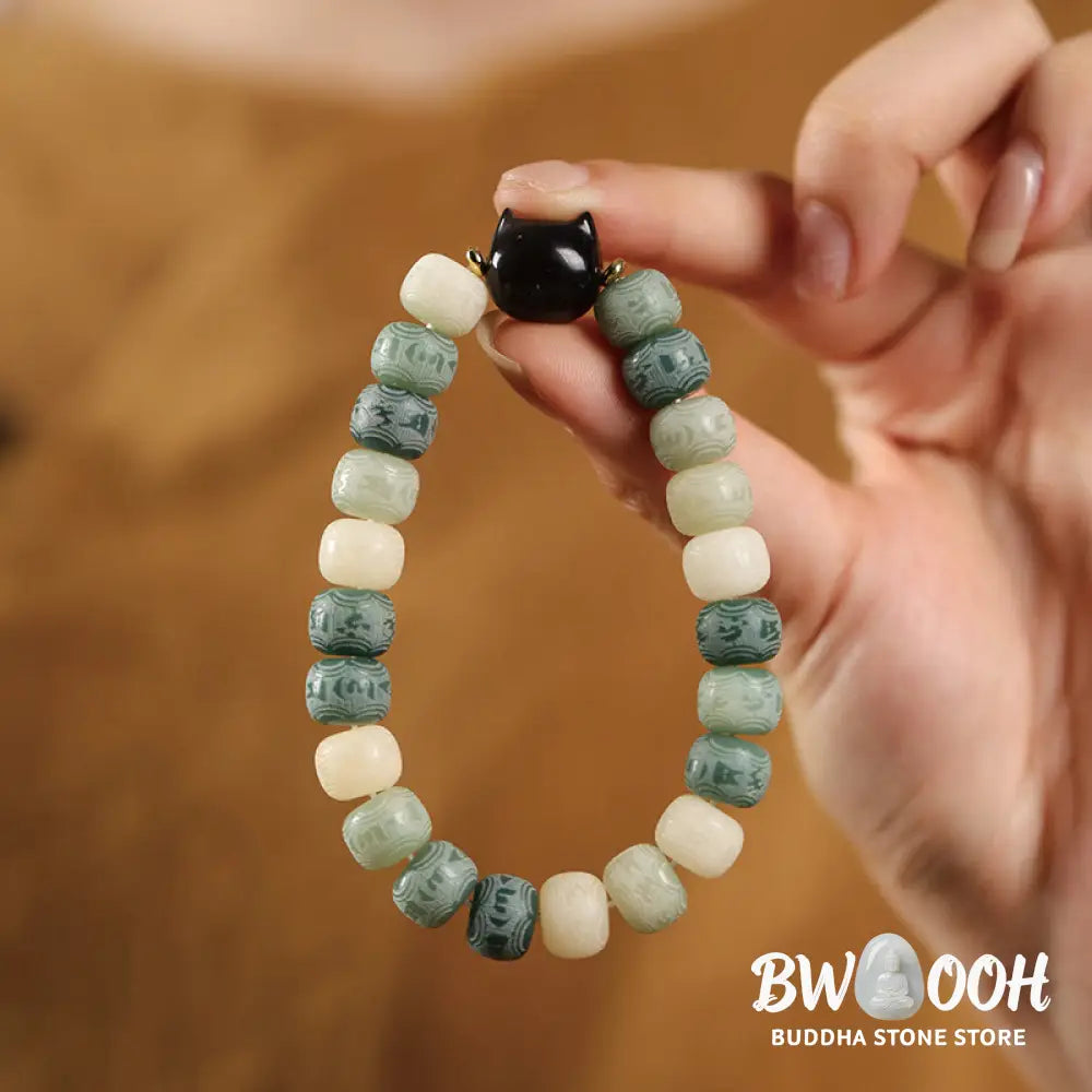 Buddha Stones Bodhi Seed Om Mani Padme Hum Carved Silver Sheen Obsidian Cat Head Wisdom Bracelet - BWOOOH - Bracelet