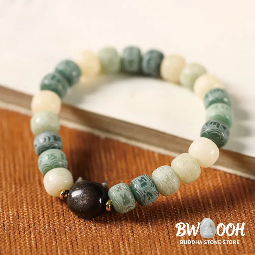 Buddha Stones Bodhi Seed Om Mani Padme Hum Carved Silver Sheen Obsidian Cat Head Wisdom Bracelet - BWOOOH - Bracelet