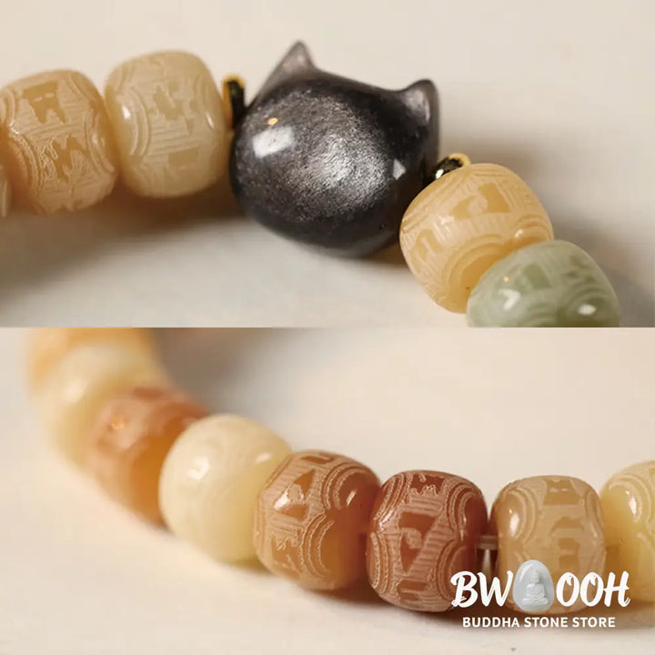 Buddha Stones Bodhi Seed Om Mani Padme Hum Carved Silver Sheen Obsidian Cat Head Wisdom Bracelet - BWOOOH - Bracelet