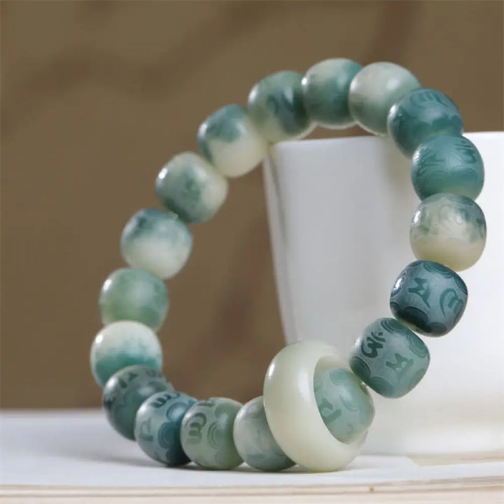 Buddha Stones Bodhi Seed Om Mani Padme Hum Engraved Keep Away Evil Spirits Bracelet - Barrel Bead 11*12mm - Bracelet