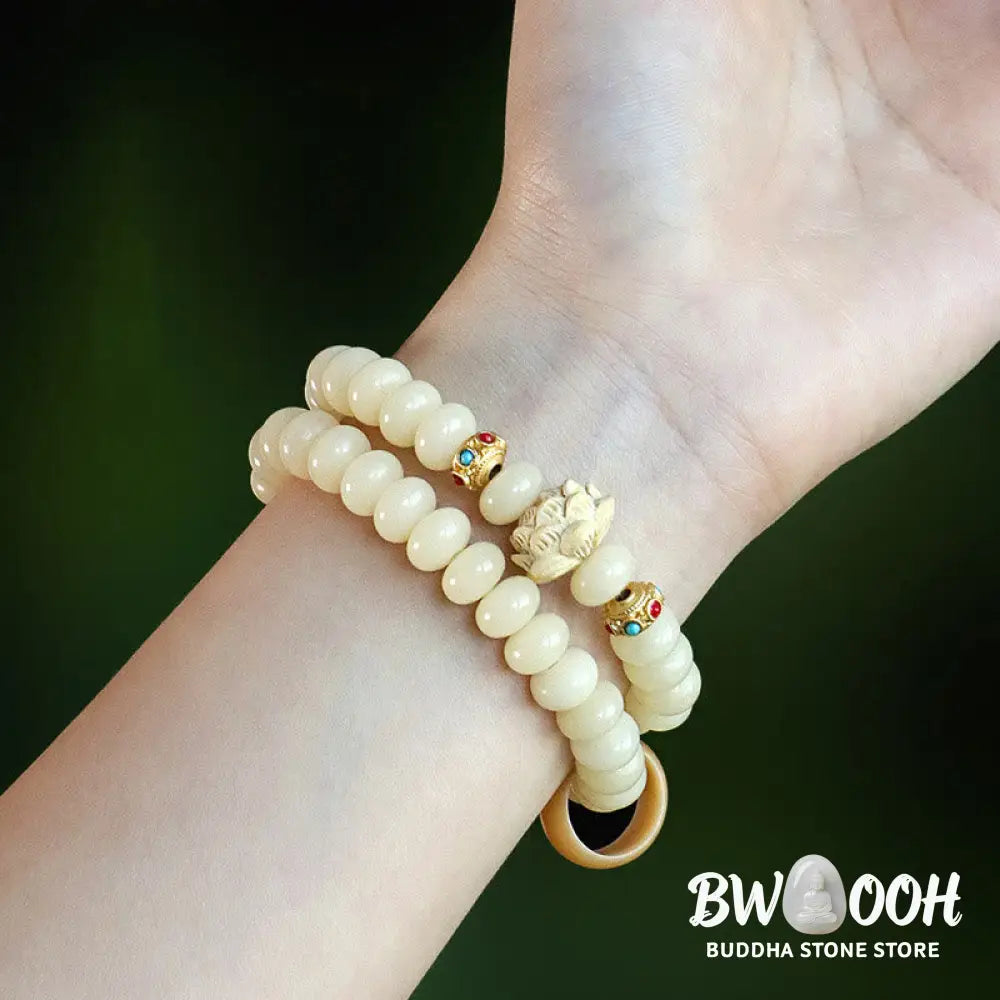 Buddha Stones Bodhi Seed Peach Wood Lotus Wealth Double Wrap Bracelet - BWOOOH - Bodhi Seed(Wrist Circumference: