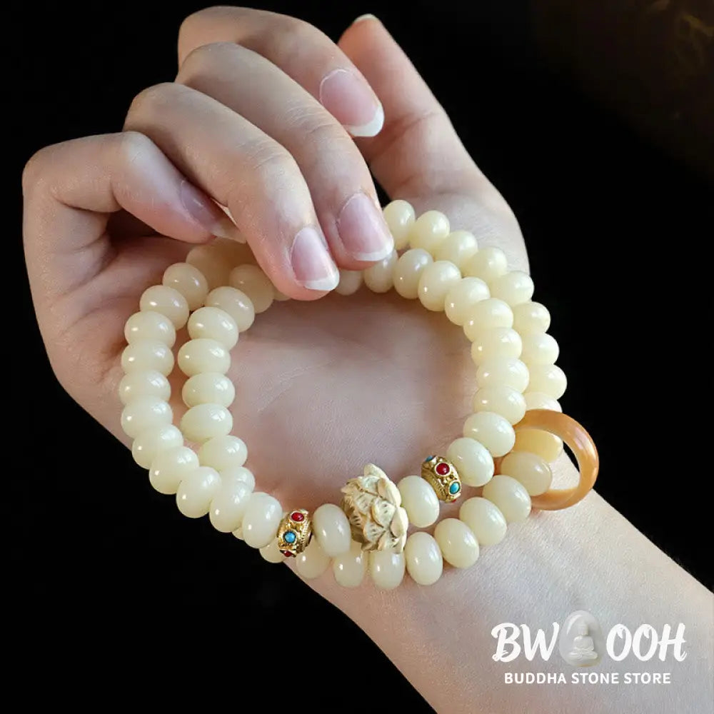 Buddha Stones Bodhi Seed Peach Wood Lotus Wealth Double Wrap Bracelet - BWOOOH - Bodhi Seed(Wrist Circumference: