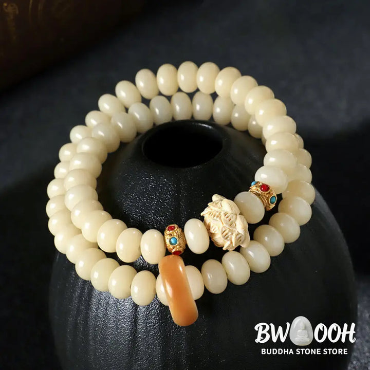 Buddha Stones Bodhi Seed Peach Wood Lotus Wealth Double Wrap Bracelet - BWOOOH - Bodhi Seed(Wrist Circumference: